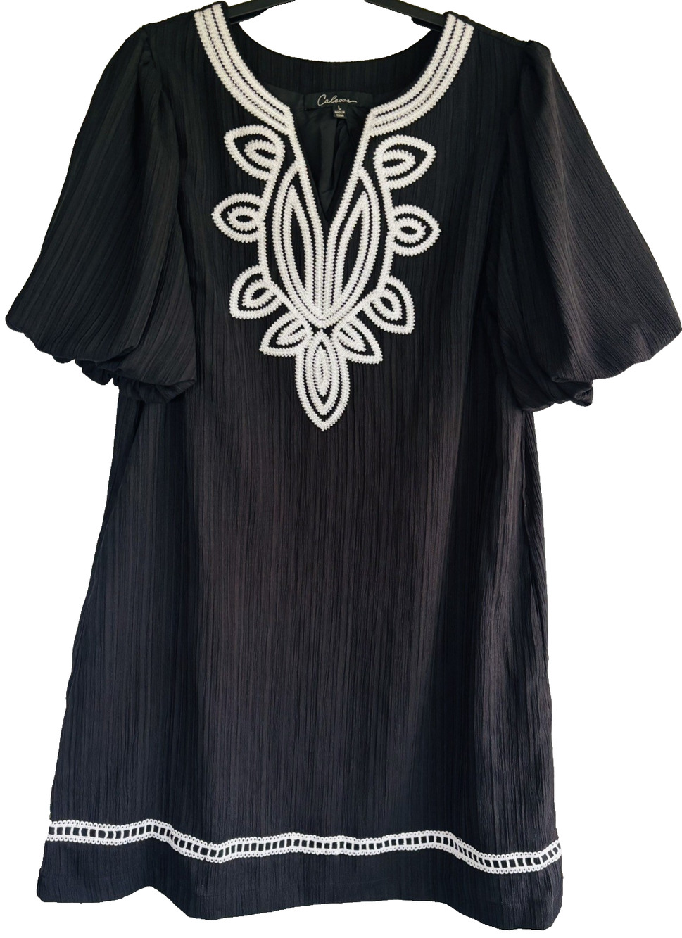 Calessa Black Puff sleeve White embroidery Dress Women's L